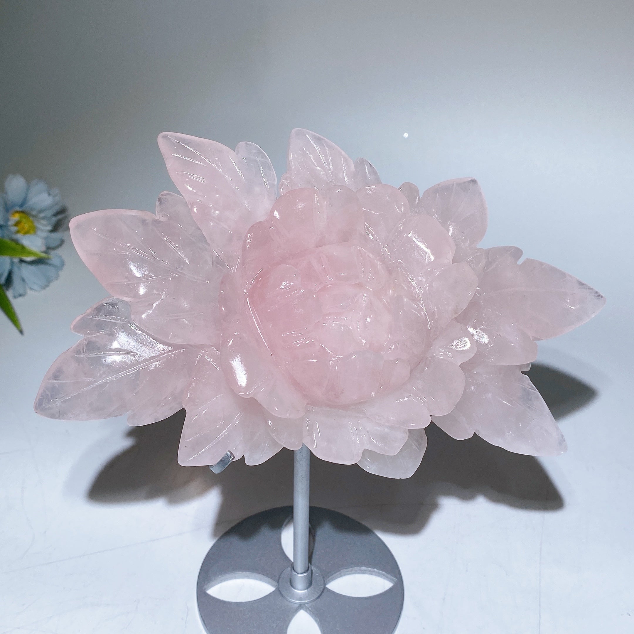 13cm Green Fluorite Peony Crystal Figurine with Stand