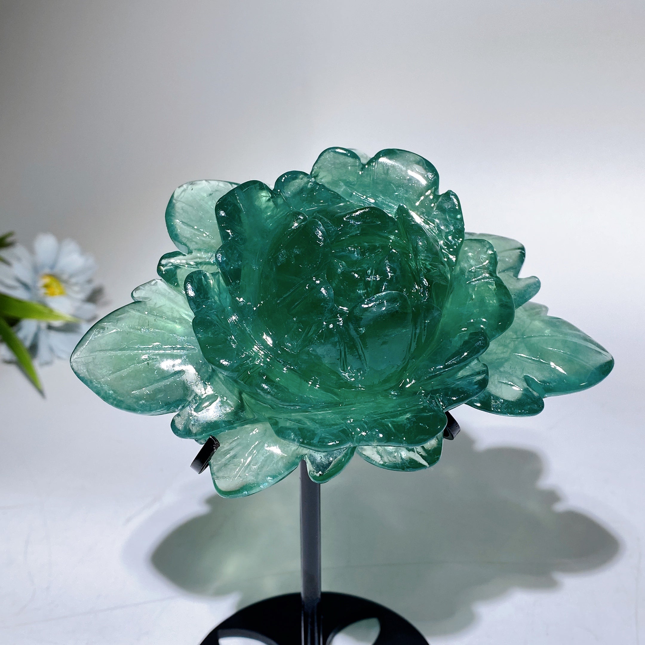 13cm Green Fluorite Peony Crystal Figurine with Stand
