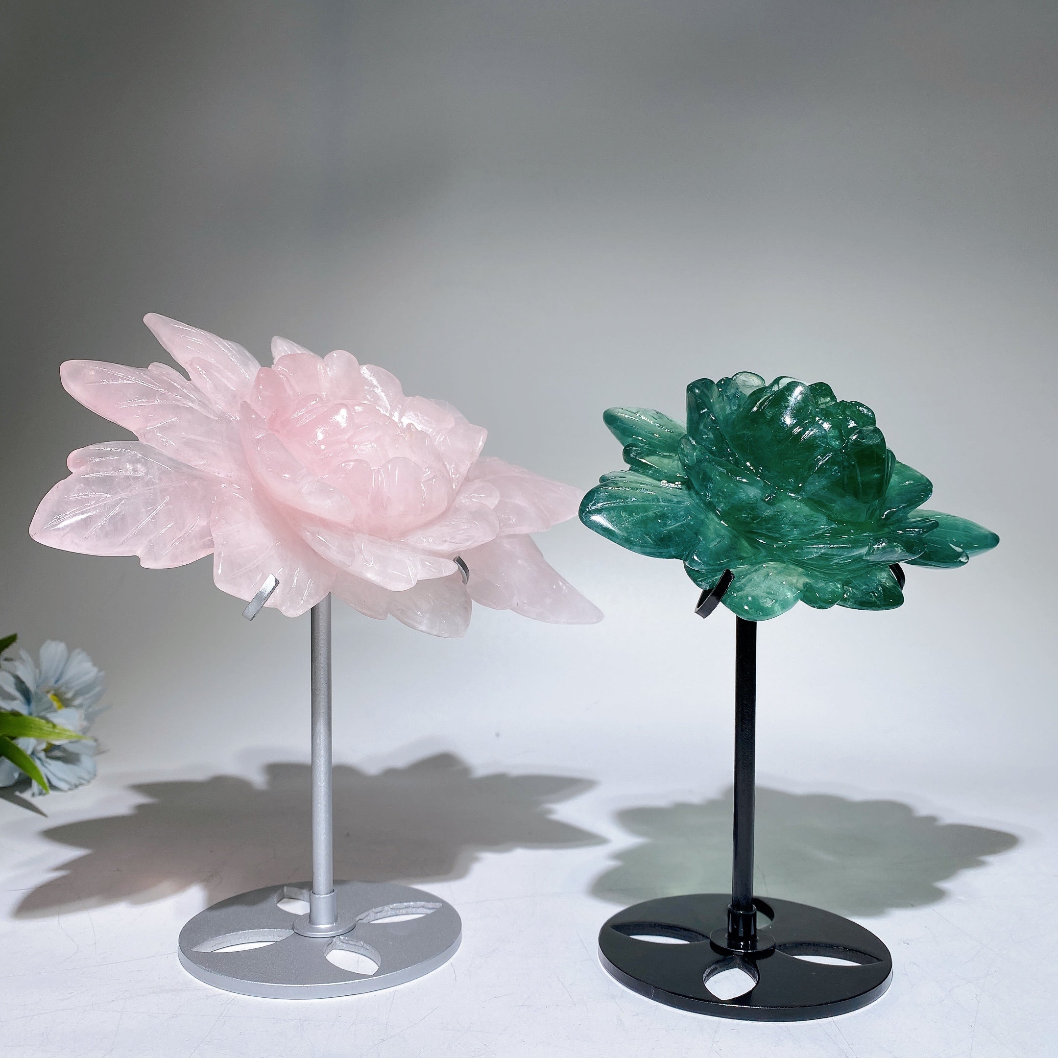 13cm Green Fluorite Peony Crystal Figurine with Stand