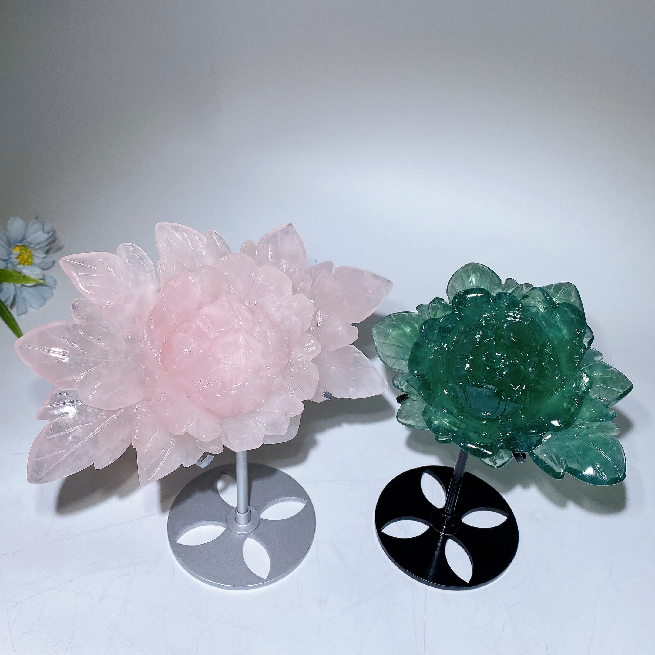 13cm Green Fluorite Peony Crystal Figurine with Stand
