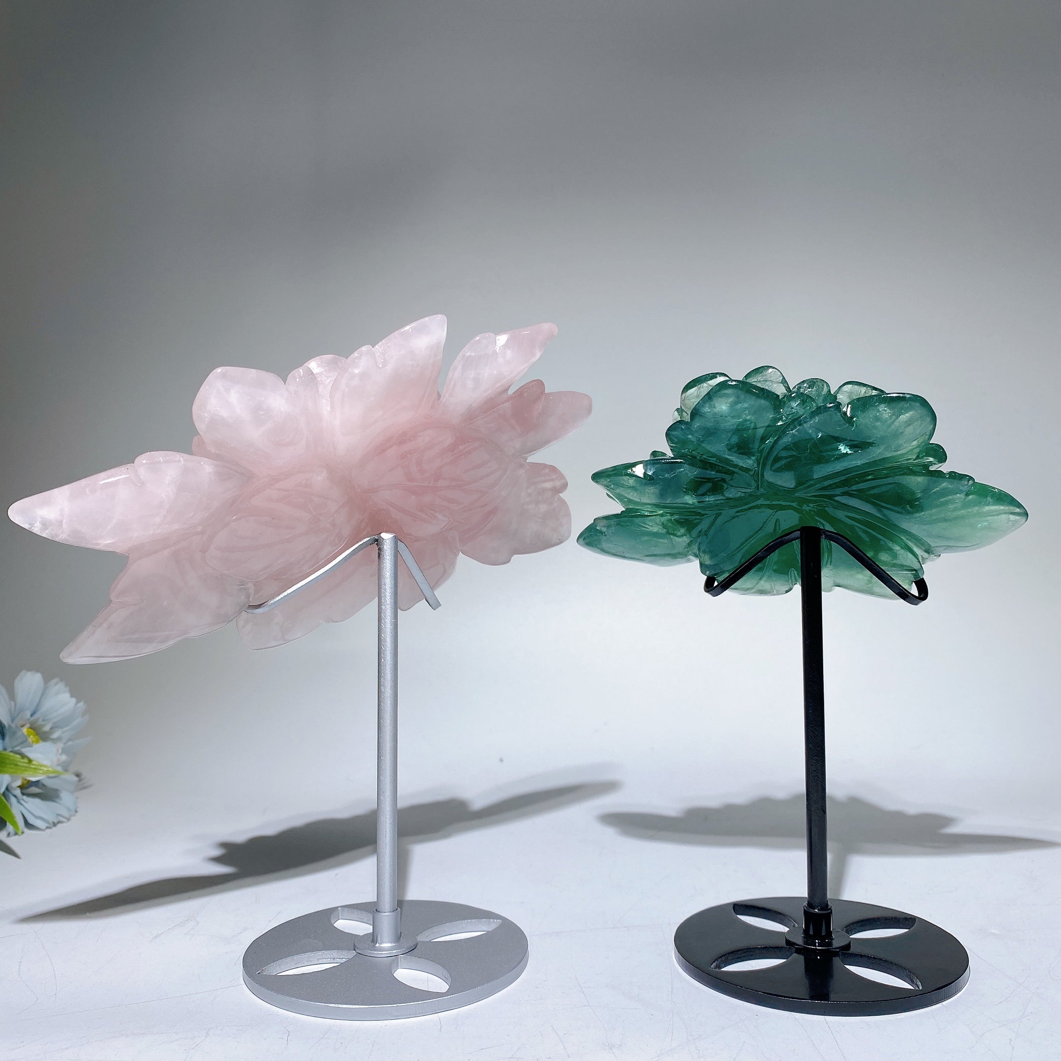 13cm Green Fluorite Peony Crystal Figurine with Stand