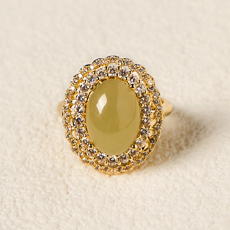 Bague d'abondance en jade Hetian 13 x 10 mm en cuivre plaqué or