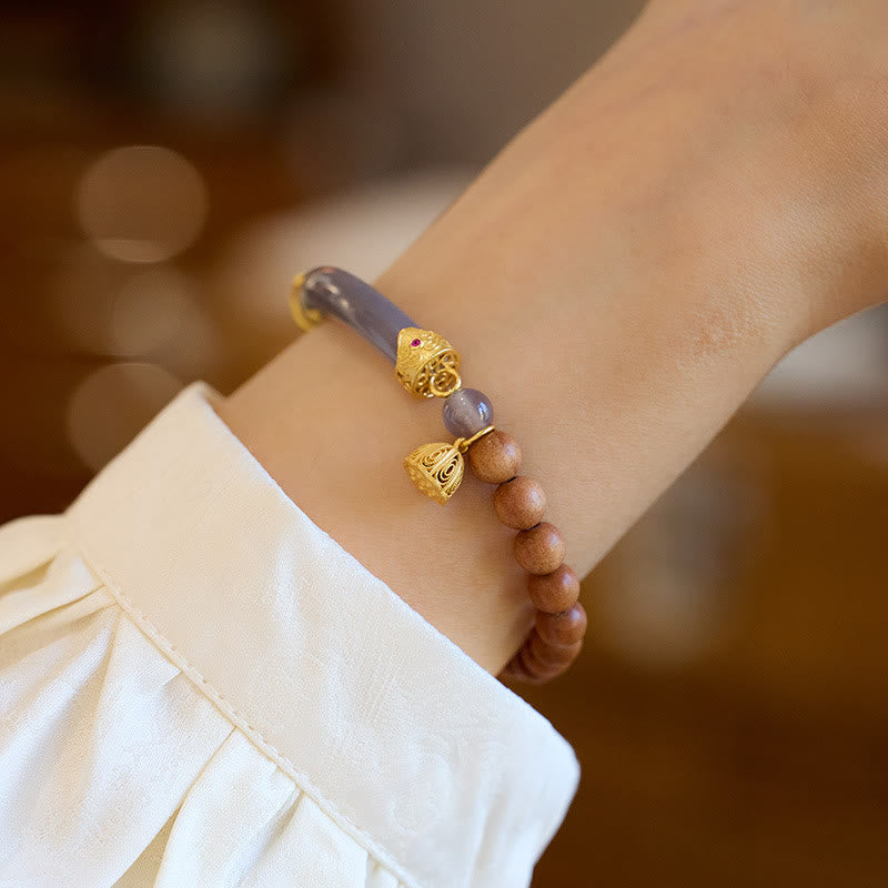 Bracelet manchette en agate grise, bois de santal et calcédoine, 14-16 cm, pour le calme