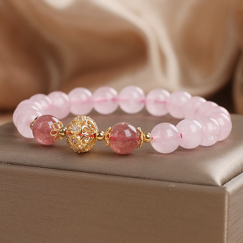 Bracelet Love en cristal rose et quartz fraise 14-16 cm