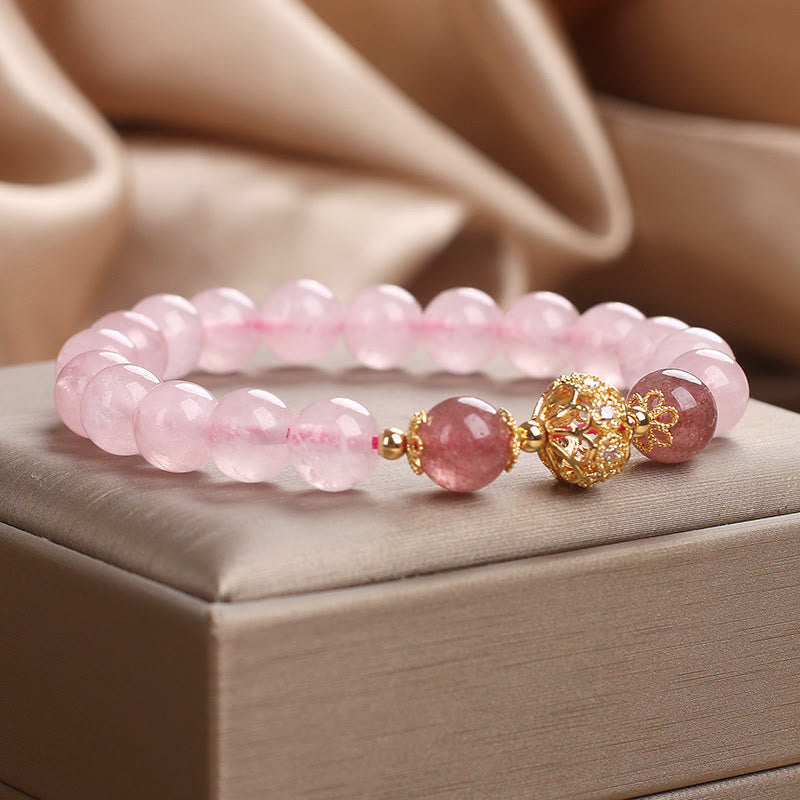 Bracelet Love en cristal rose et quartz fraise 14-16 cm