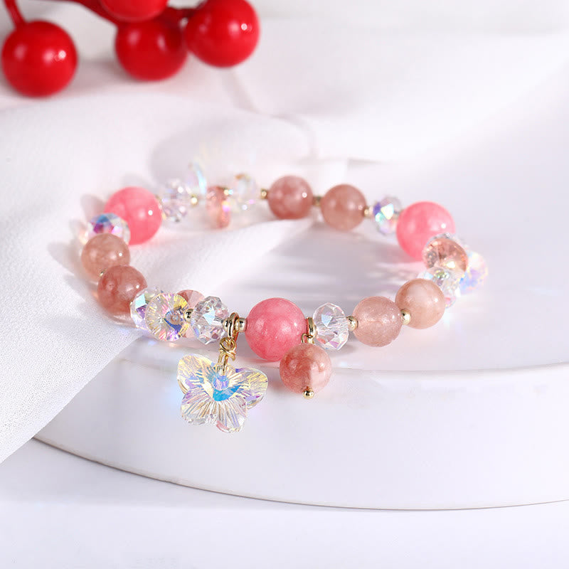 Bracelet Love en quartz fraise 14-16 cm avec cristaux roses et blancs