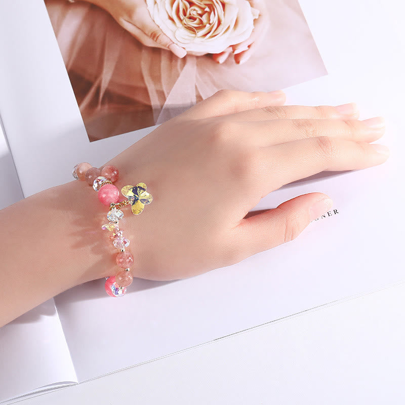 Bracelet Love en quartz fraise 14-16 cm avec cristaux roses et blancs