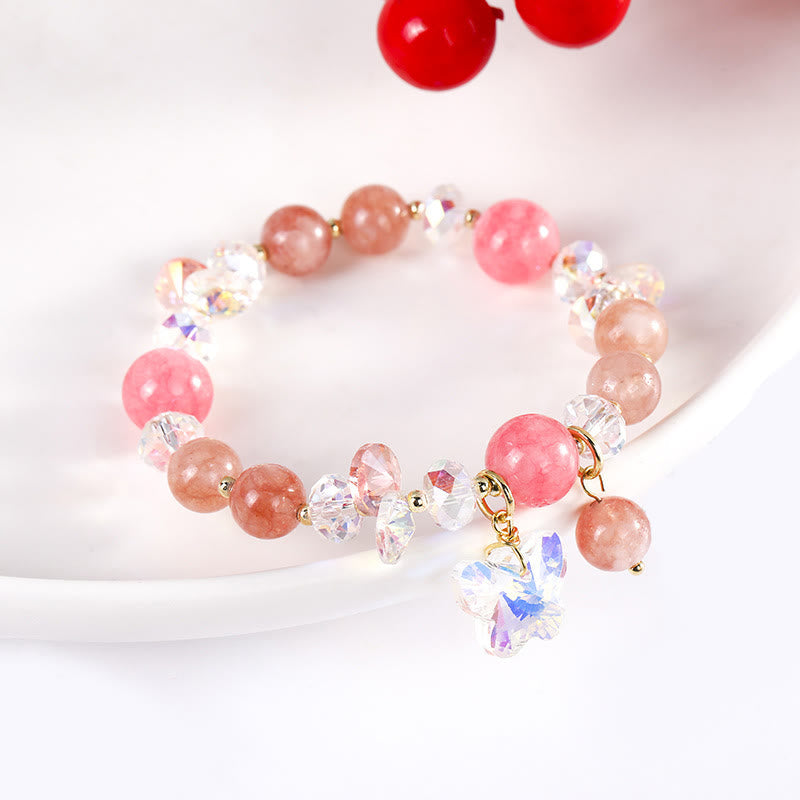 Bracelet Love en quartz fraise 14-16 cm avec cristaux roses et blancs