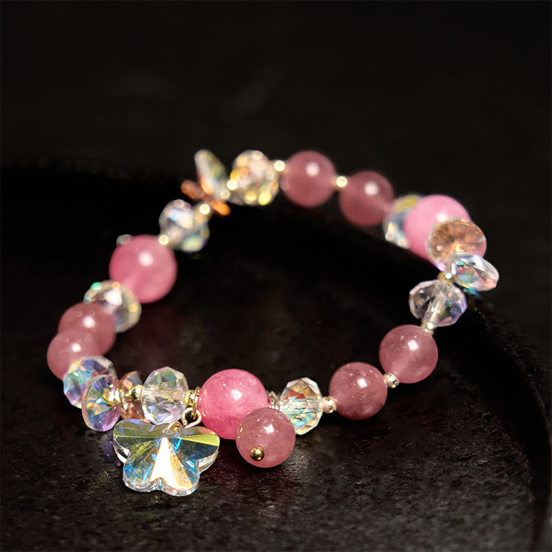 Bracelet Love en quartz fraise 14-16 cm avec cristaux roses et blancs