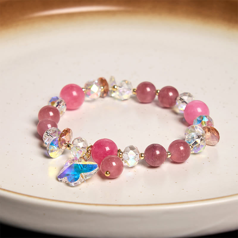 Bracelet Love en quartz fraise 14-16 cm avec cristaux roses et blancs