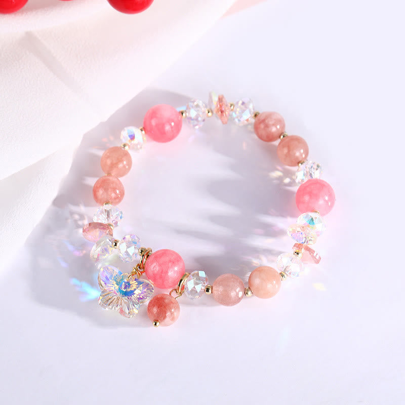 Bracelet Love en quartz fraise 14-16 cm avec cristaux roses et blancs