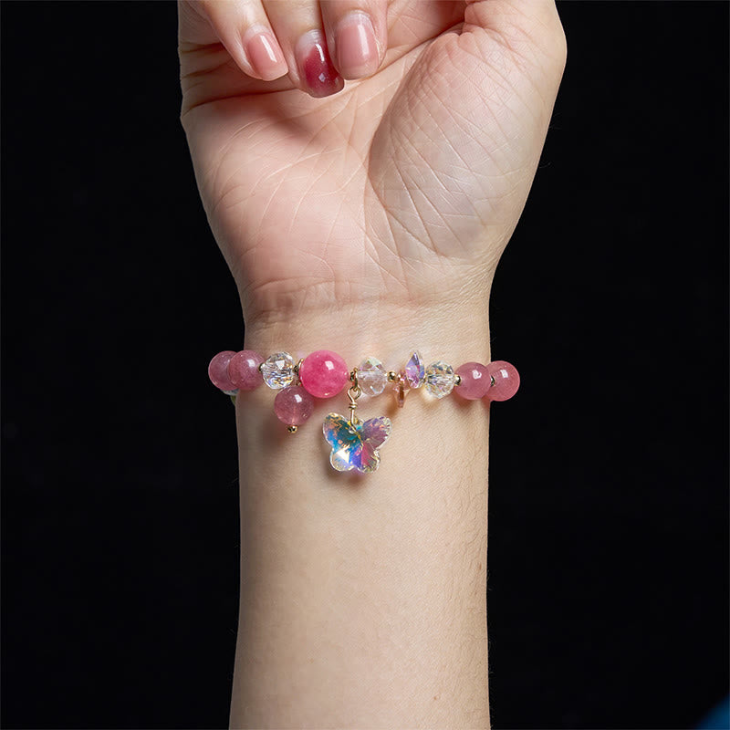 Bracelet Love en quartz fraise 14-16 cm avec cristaux roses et blancs