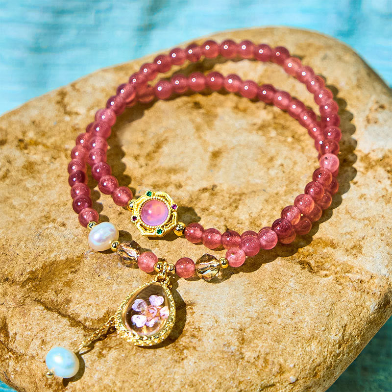 Bracelet double tour en quartz fraise 14-16 cm