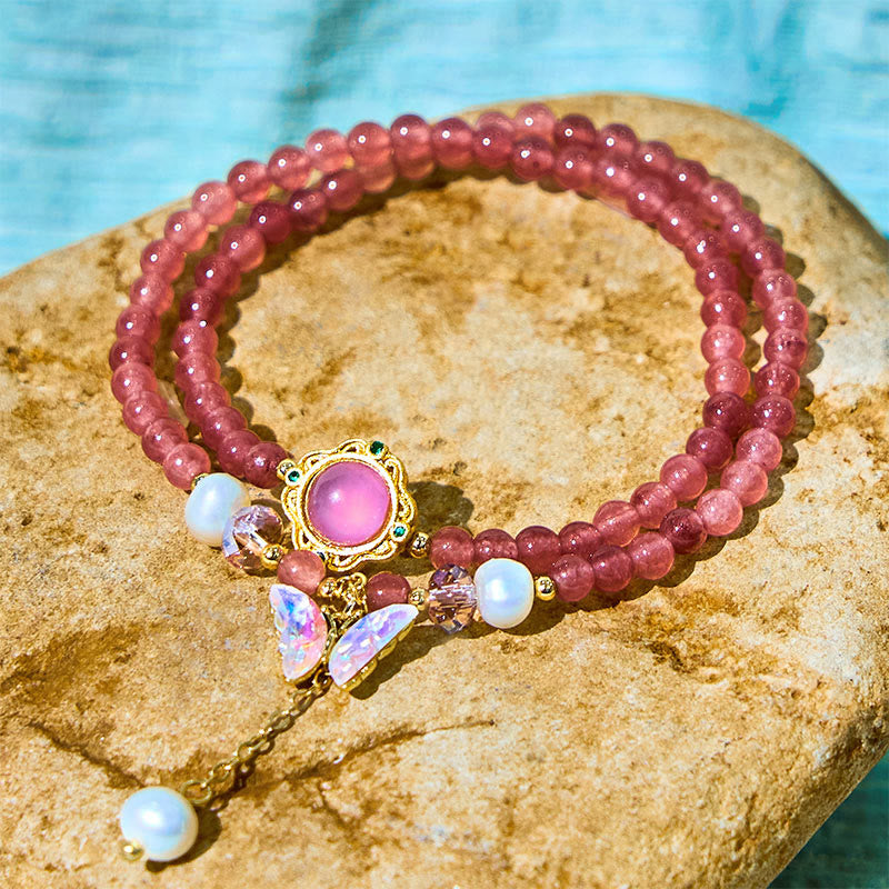 Bracelet double tour en quartz fraise 14-16 cm