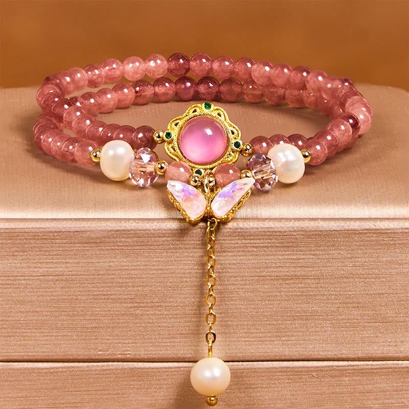 Bracelet double tour en quartz fraise 14-16 cm