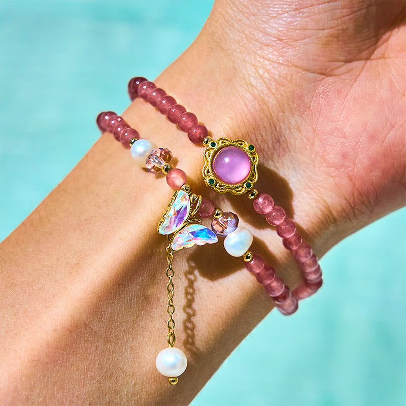 Bracelet double tour en quartz fraise 14-16 cm