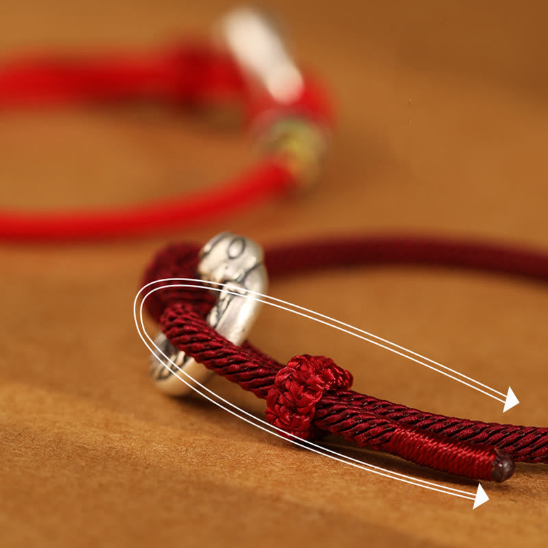 Bracelet de force en argent sterling 999 avec boucle de paix et cordon rouge foncé de 14 à 17 cm