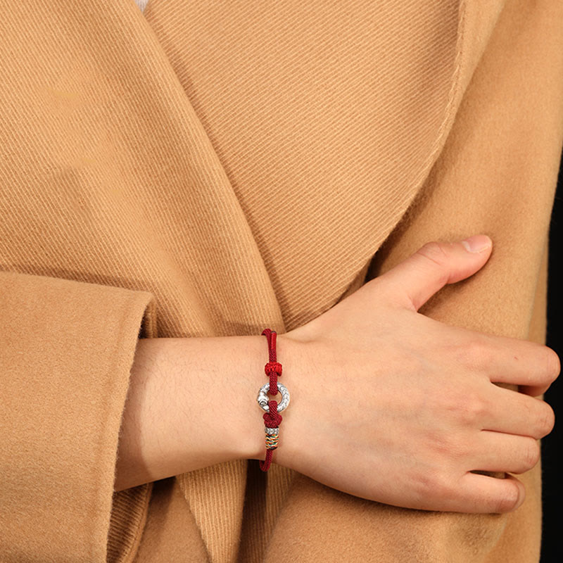 Bracelet de force en argent sterling 999 avec boucle de paix et cordon rouge foncé de 14 à 17 cm