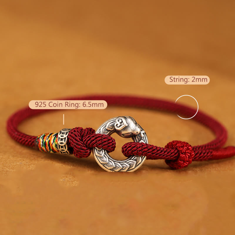 Bracelet de force en argent sterling 999 avec boucle de paix et cordon rouge foncé de 14 à 17 cm