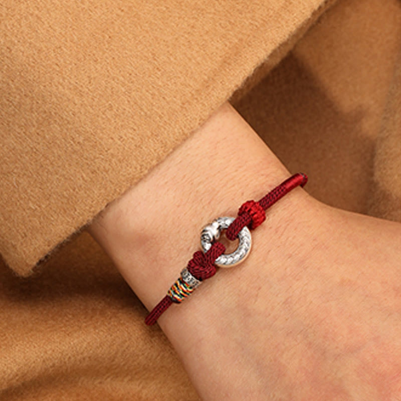 Bracelet de force en argent sterling 999 avec boucle de paix et cordon rouge foncé de 14 à 17 cm
