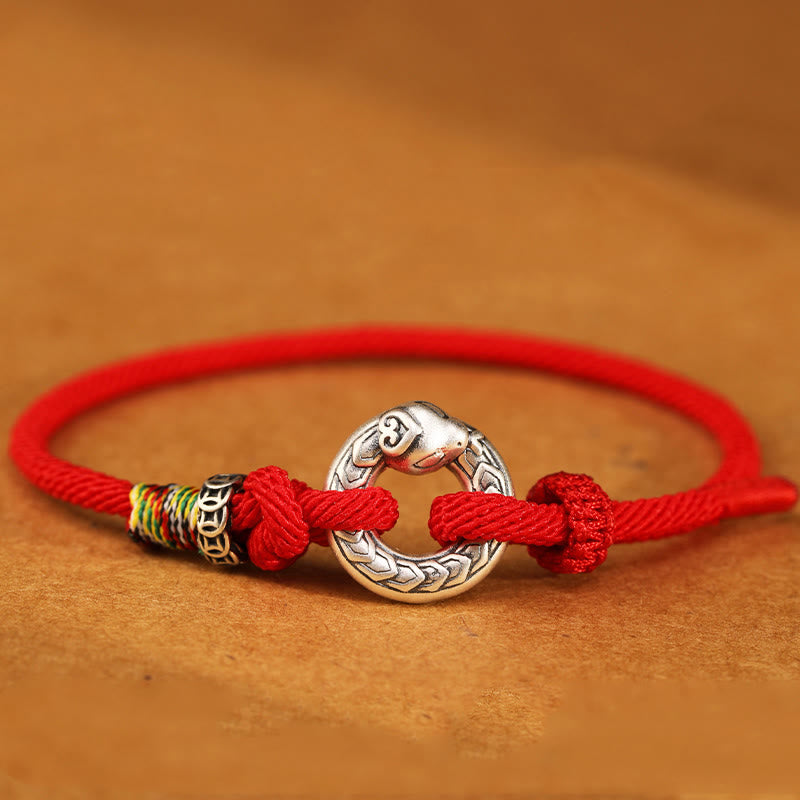Bracelet de force en argent sterling 999 avec boucle de paix et cordon rouge foncé de 14 à 17 cm