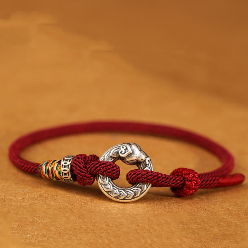 Bracelet de force en argent sterling 999 avec boucle de paix et cordon rouge foncé de 14 à 17 cm