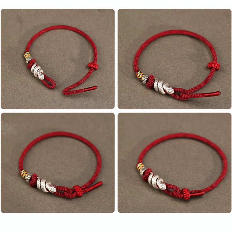 Bracelet de force en argent sterling 999 avec boucle de paix et cordon rouge foncé de 14 à 17 cm