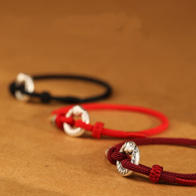 Bracelet de force en argent sterling 999 avec boucle de paix et cordon rouge foncé de 14 à 17 cm