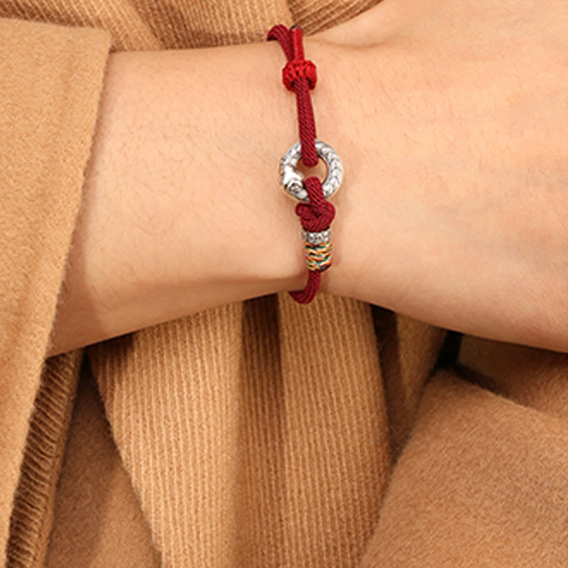Bracelet de force en argent sterling 999 avec boucle de paix et cordon rouge foncé de 14 à 17 cm