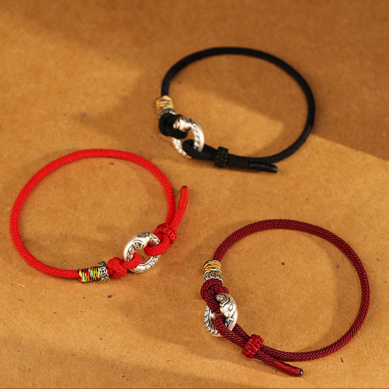 Bracelet de force en argent sterling 999 avec boucle de paix et cordon rouge foncé de 14 à 17 cm