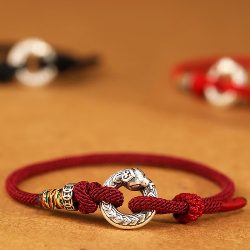 Bracelet de force en argent sterling 999 avec boucle de paix et cordon rouge foncé de 14 à 17 cm