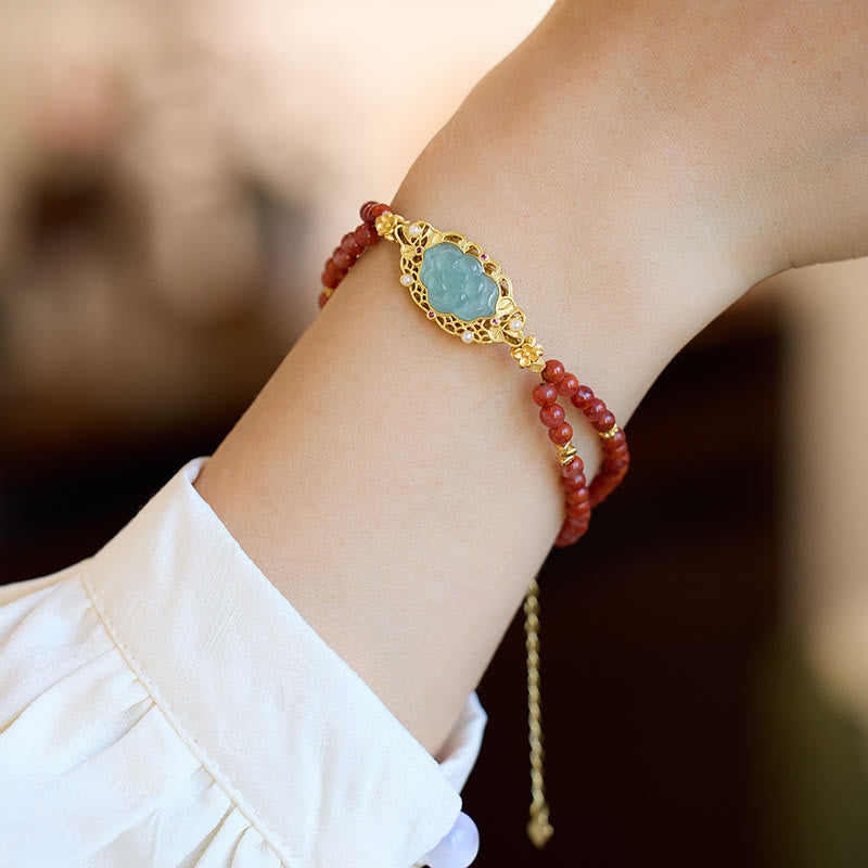 Bracelet double couche calme en agate rouge et jade lotus 14-18 cm