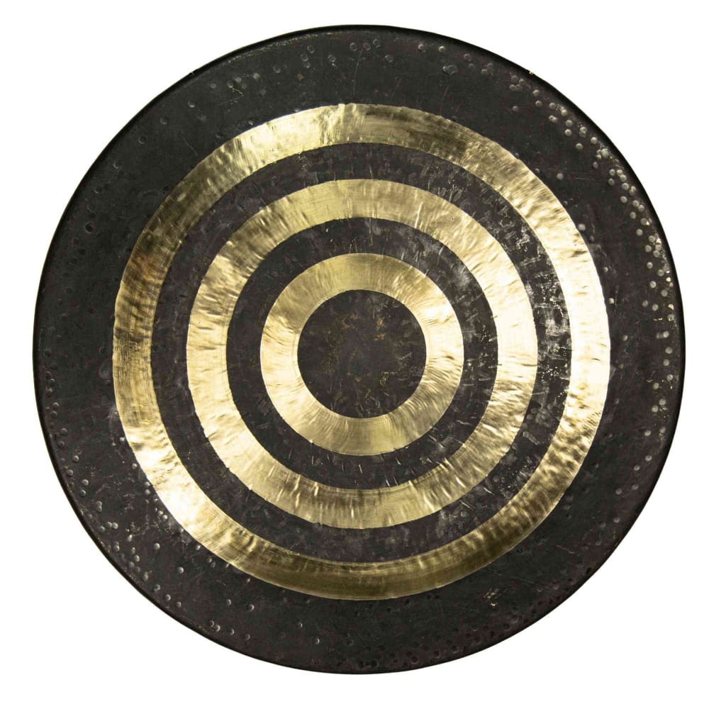 Circular Chinese Gong with gold and black concentric rings for healing and percussion