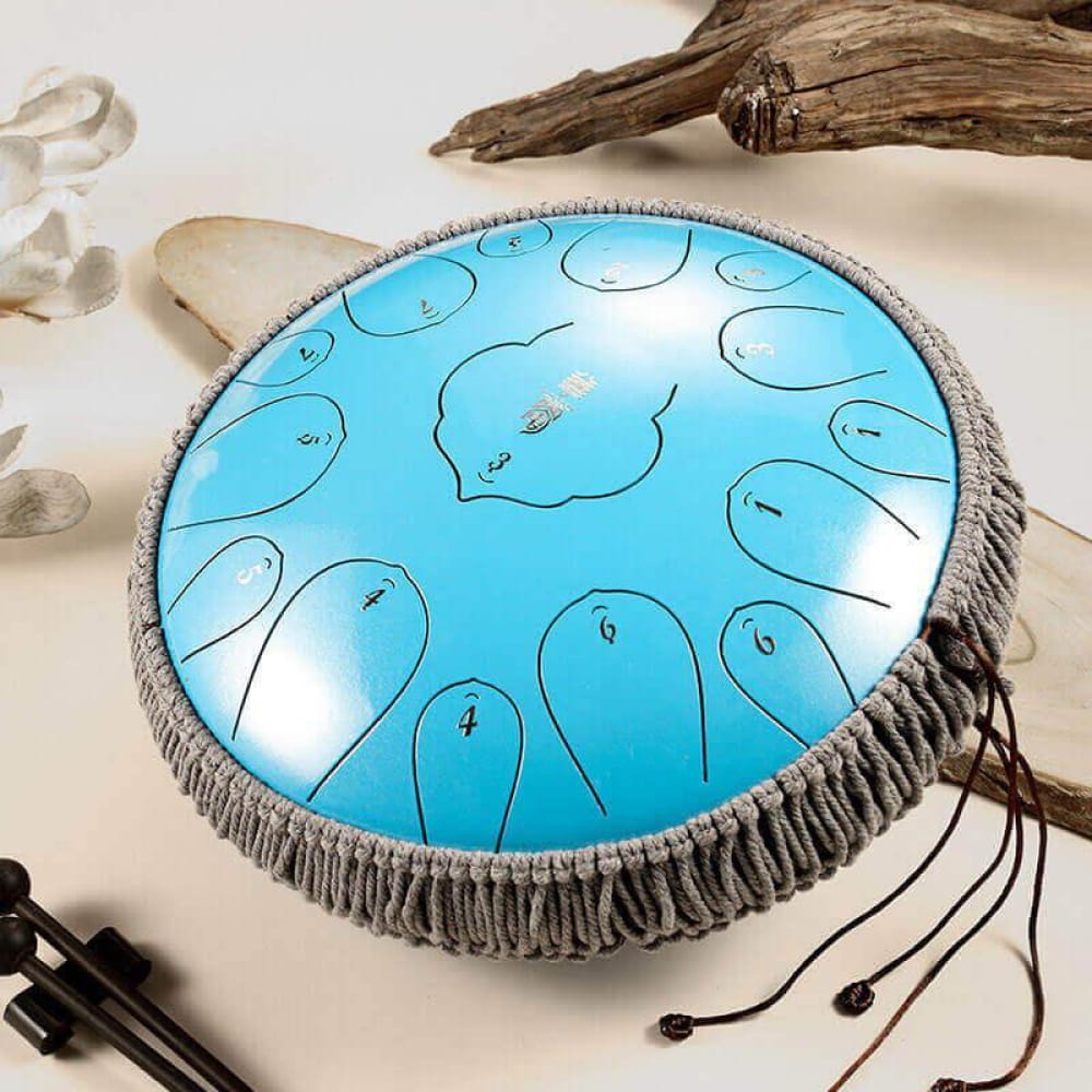 Turquoise steel tongue drum with gray fringe, 14 Inch Carbon Steel, 15 Notes D Key