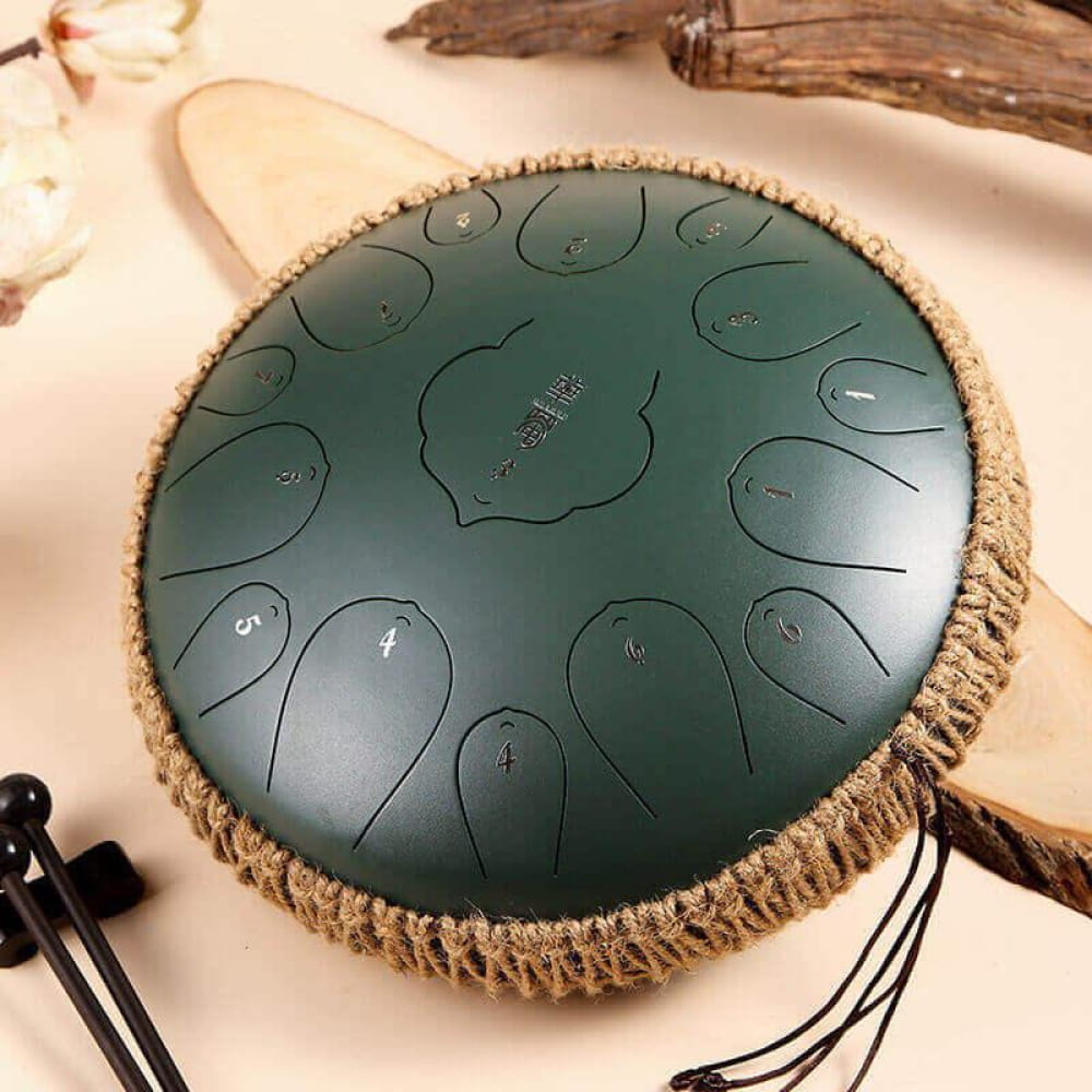 Dark green 14 Inch Carbon Steel Tongue Drum with rope trim and 15 notes in D key