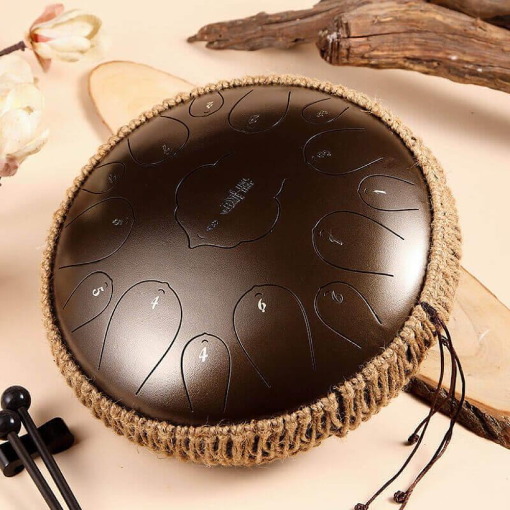 14 Inch Carbon Steel Tongue Drum with Woven Rope Trim and 15 Notes in D Key