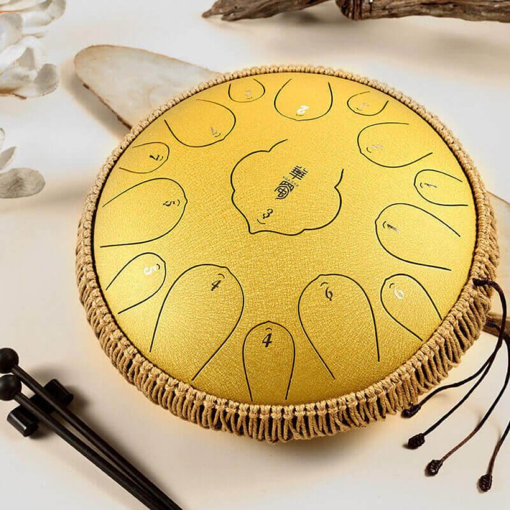 Golden Steel Tongue Drum with Numbered Tone Zones and Woven Rope Edge Trim, 14 Inch D Key