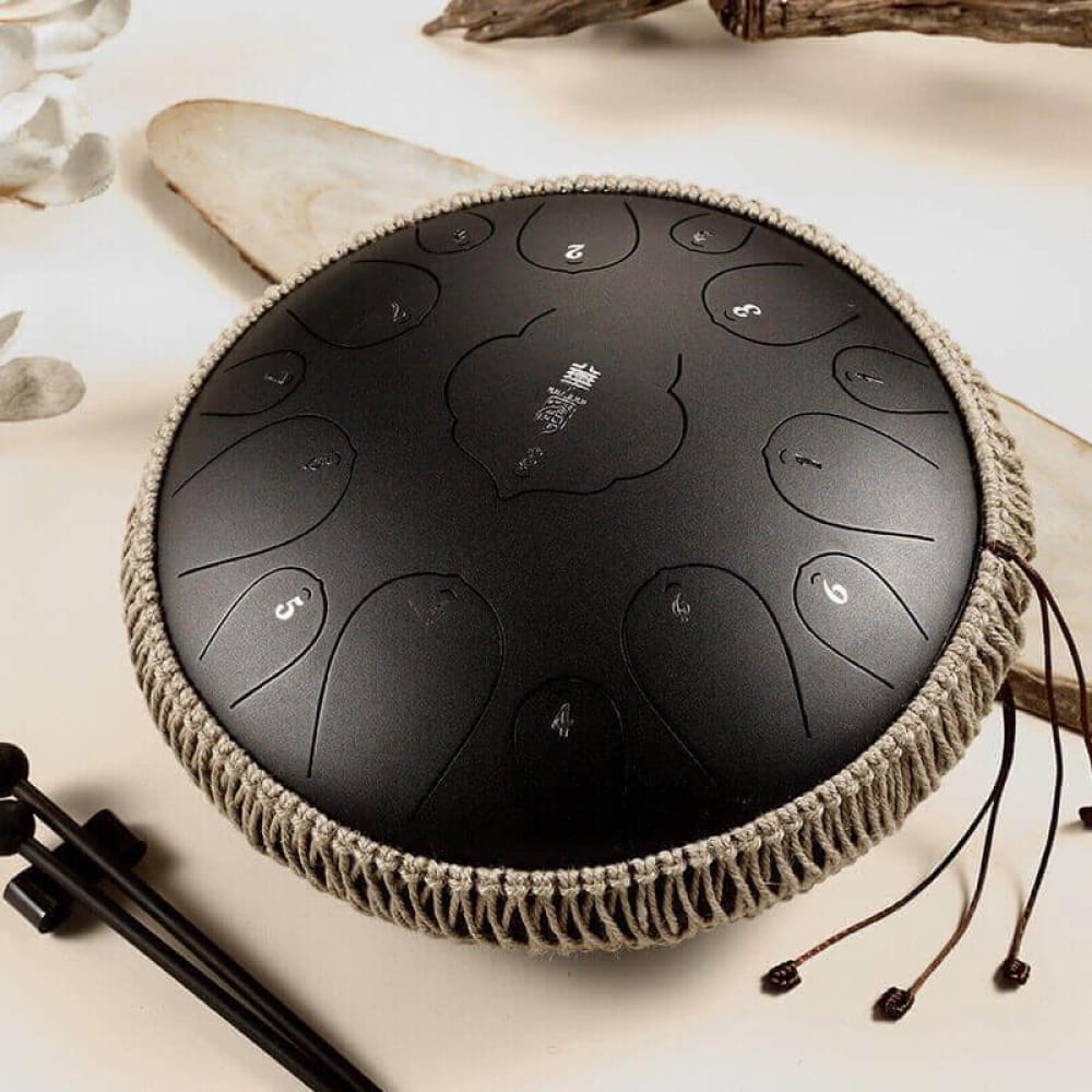 14 Inch Carbon Steel Tongue Drum with Rope-Trimmed Edge and 15 Notes D Key