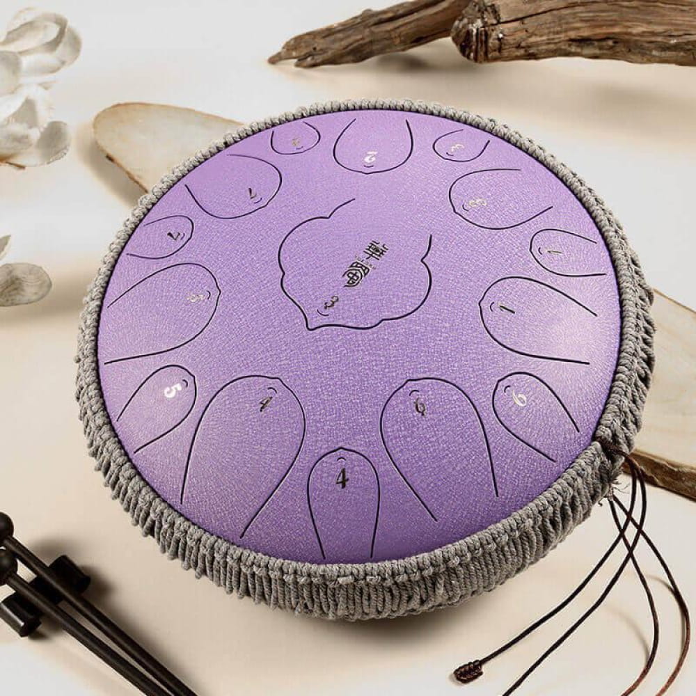 Purple Carbon Steel Tongue Drum with Grey Fringe Trim, 15 Notes in D Key