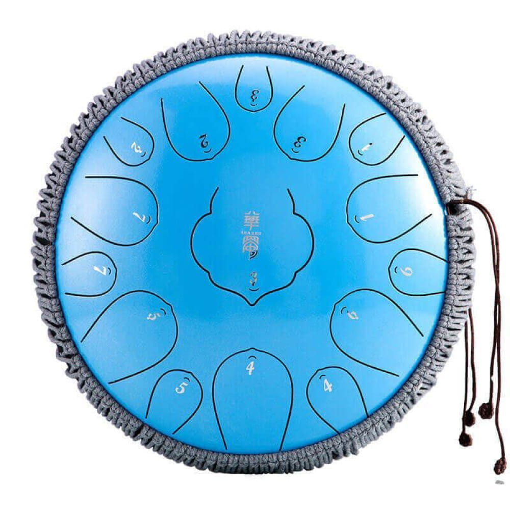 14 Inch Carbon Steel Tongue Drum with blue surface and grey fringe, 15 Notes D Key