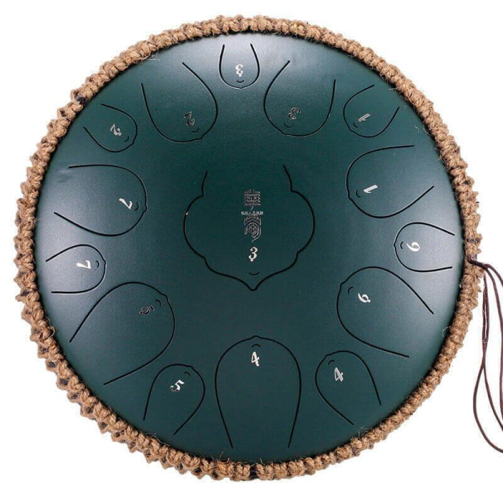 Dark green steel tongue drum with braided trim, 14 Inch, 15 Notes in D Key