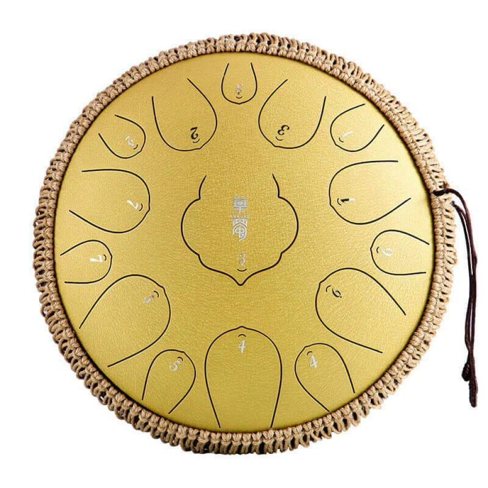 Golden steel tongue drum with numbered zones and woven rope edge trim in D Key