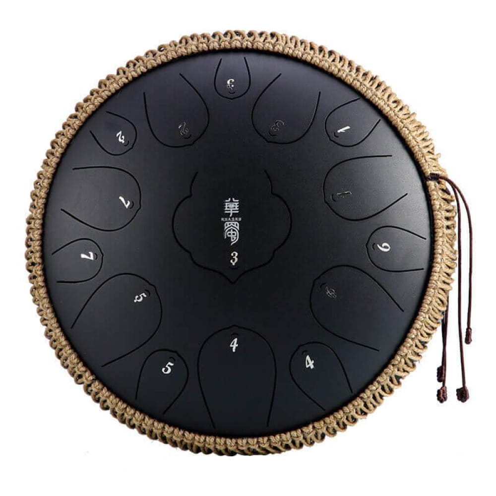 Black steel tongue drum with decorative edge and numbered notes in D key design