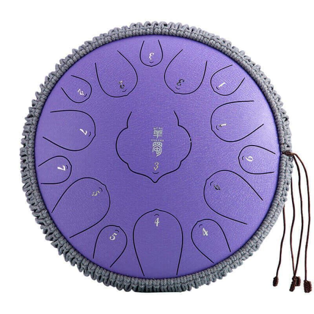 Purple 14 Inch Carbon Steel Tongue Drum with Grey Fringe Trim and Tassels