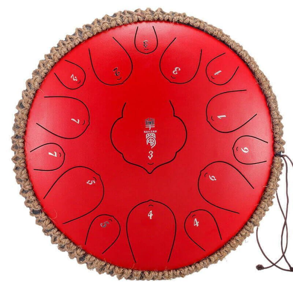 Red steel tongue drum with numbered tone zones and braided trim, 14 Inch D Key