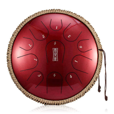 Red steel tongue drum with rope trim, 14 Inch Titanium for meditation in C Major
