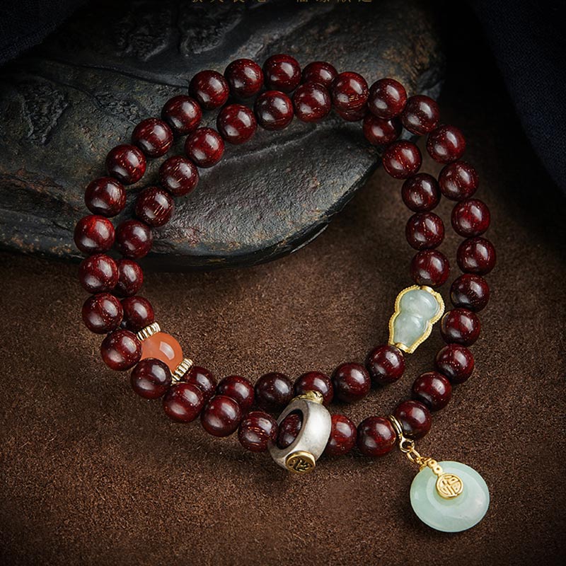 Chinese Zodiac Bracelet with Small Leaf Red Sandalwood & Jade for Protection