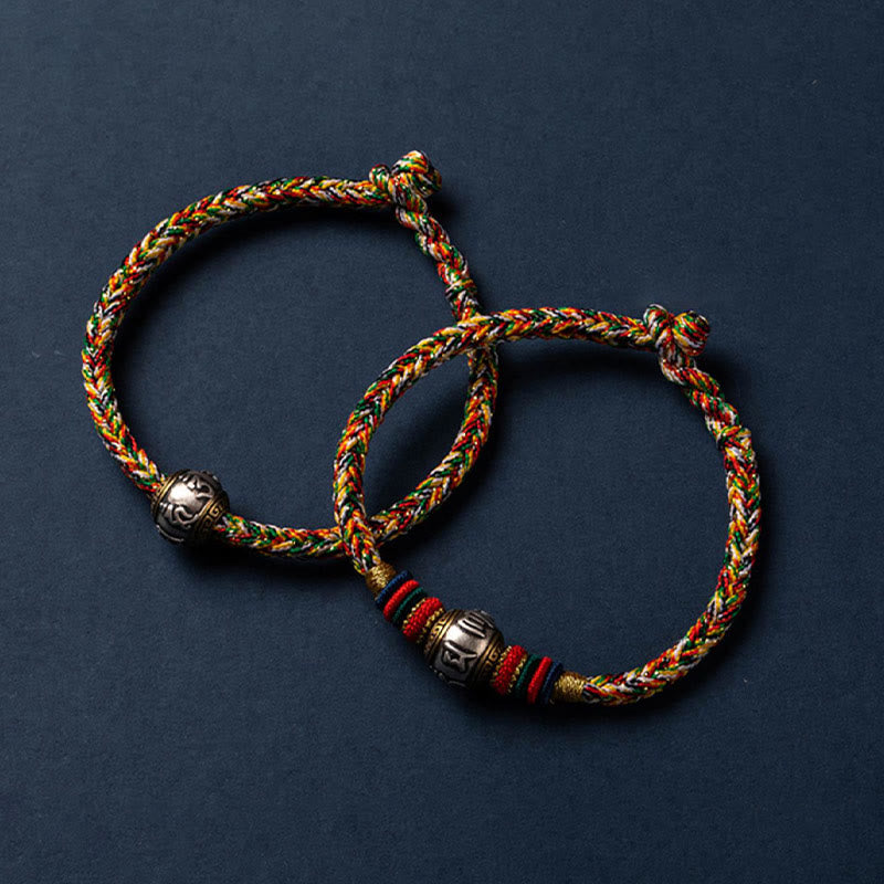 925 Sterling Silver Om Mani Padme Hum Braided Bracelet with King Kong Knot for Luck and Protection