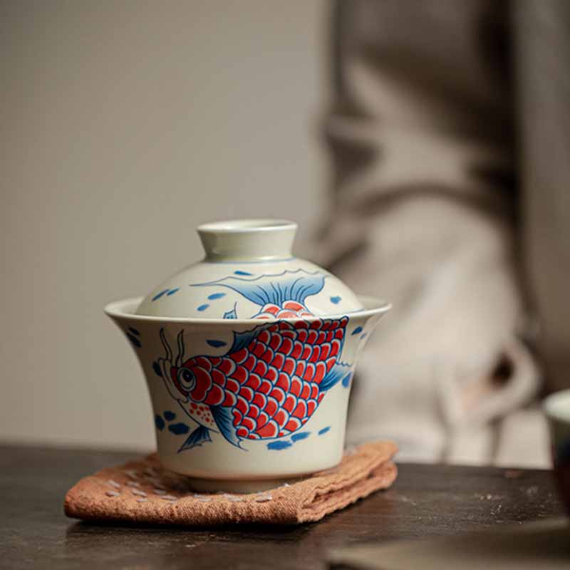 Red Ceramic Koi Fish Gaiwan Teacup 130ml for Tea Rituals