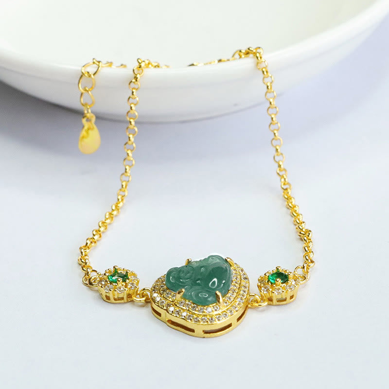 Bracelet porte-bonheur Bouddha rieur en jade vert et zircon de 14 cm